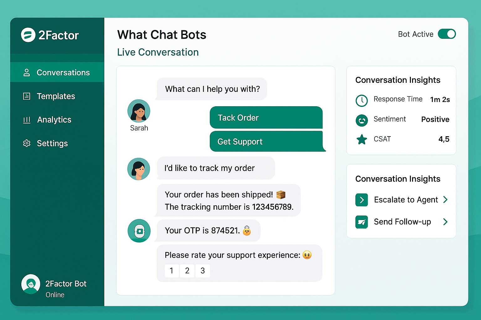 2Factor WhatsApp Chatbot Demo - Live conversation interface showing AI customer support